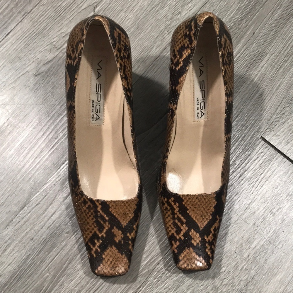 Via Spiga Square Toe Python Embossed Leather Pumps - image 1